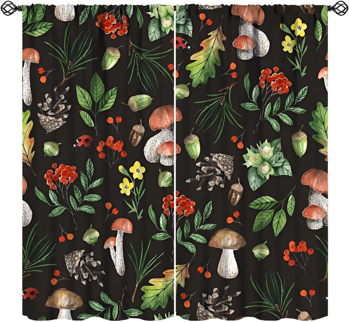 Vintage Botanical Curtains,Antique 1900s Plants Herbs Mushroom Blackout Window Drapes for Kitchen,Boho Retro Wildflower Green Leaf Ferns Farmhouse Window Treatment for Living Room 52x84in