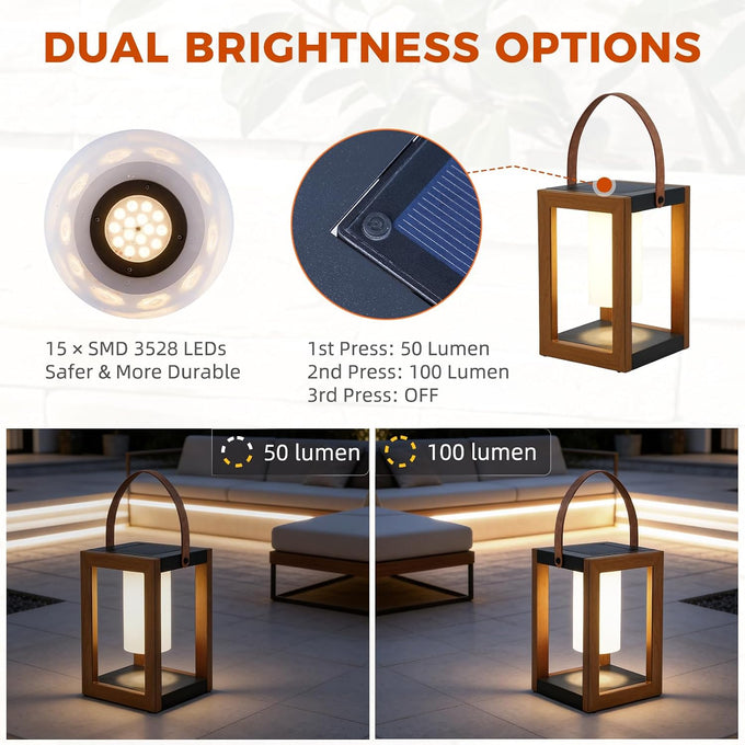 Solar Yard Outdoor Solar Lanterns, Solar Lamp Decorative Outdoor Water-Resistant Steel Table Decor with Handle for Patio, Yard, Porch, Small Woodgrain