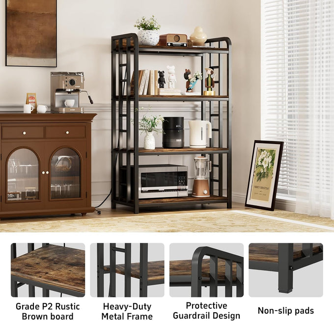4 Tier Bakers Rack with Storage, Microwave Stand, Rustic Brown