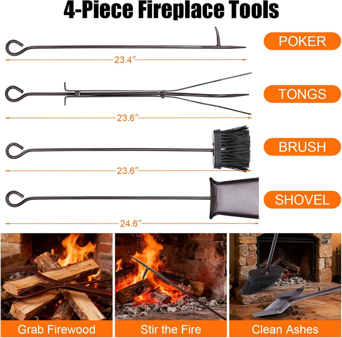 Outvita 2 Tier Firewood Log Rack, Iron Lumber Storage Holder, Wood Pile Stacker Organizer for Indoor Outdoor Fireplace Fire Stove Pit With 4 Fire Tools Hanging Hooks Christmas Elements Brown