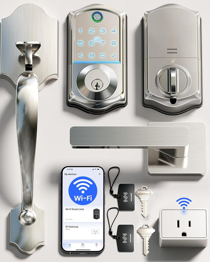 Veise VE017G-H Wi-Fi Smart Door Lock Deadbolt with Handle Set, Satin Nickel