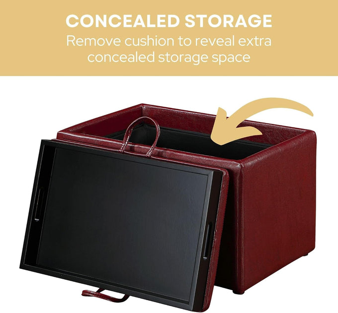 Convenience Concepts Designs4Comfort Accent Storage Ottoman 22.75" - Modern Foot Stool with Decorative Tray for Living Room, Dining Room, Office, Burgundy Faux Leather