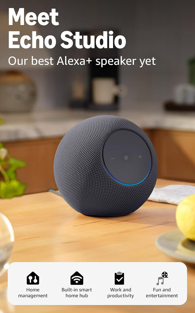 Amazon Echo Studio (newest model), Immersive spatial audio and Dolby Atmos, Designed for Alexa+, Glacier White