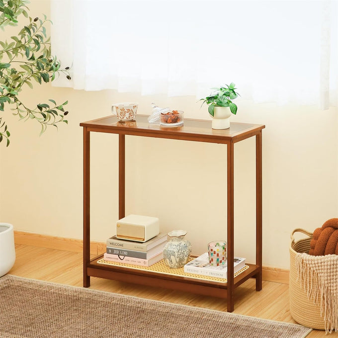 Bamboo Narrow Console Table, 31.5"(L) Wood Small Entryway Table with Rattan and Glass, Accent Slim Hallway Tables, Thin Sofa Side Tables for Hallway, Living Room, Bedroom, Foyer, Walnut