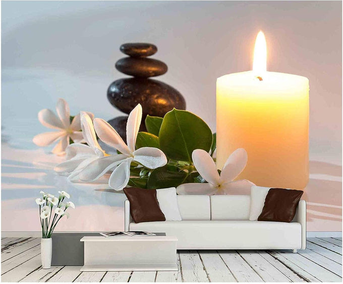 wall26 - Tiare Flowers, Candle and Black Stone Spa - Removable Wall Mural | Self-Adhesive Large Wallpaper - 66x96 inches