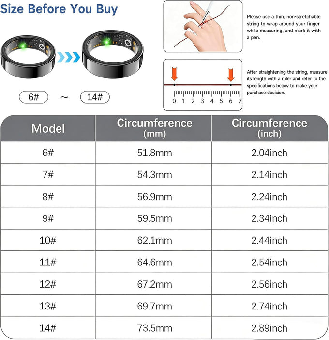 Smart Ring for Women Men, Health Tracker, Fitness Ring (Black, 9#)