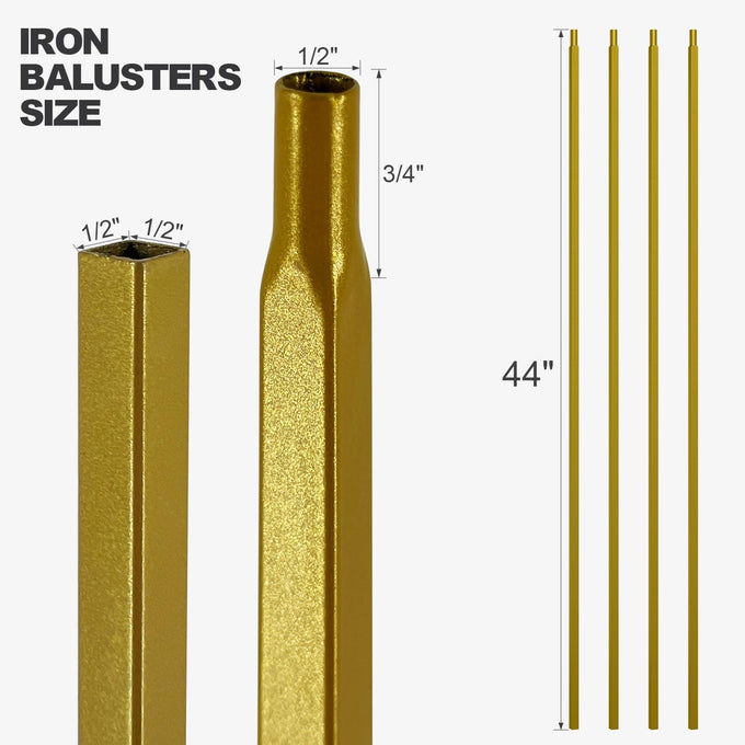 Glossy Gold Wrought Iron Stair Plain Balusters for Interior, 1/2" X 44" Square Metal Spindles for Stairs, Upgrade and Decorate Stairs (10)