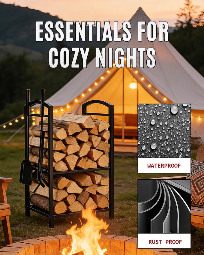 Breeze Touch 29" Heavy Duty Firewood Rack Indoor with 4 Fireplace Tools Set