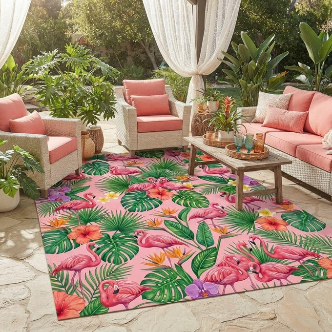 Luxury Flamingo Tropical Leaf Flower Patter 4x6 Outdoor Rug Blue Pink Gold Waterproof Soft Pile Carpet for Patio Porch Deck Balcony Chic Double Layer Border Garden Backyard Durable Mat