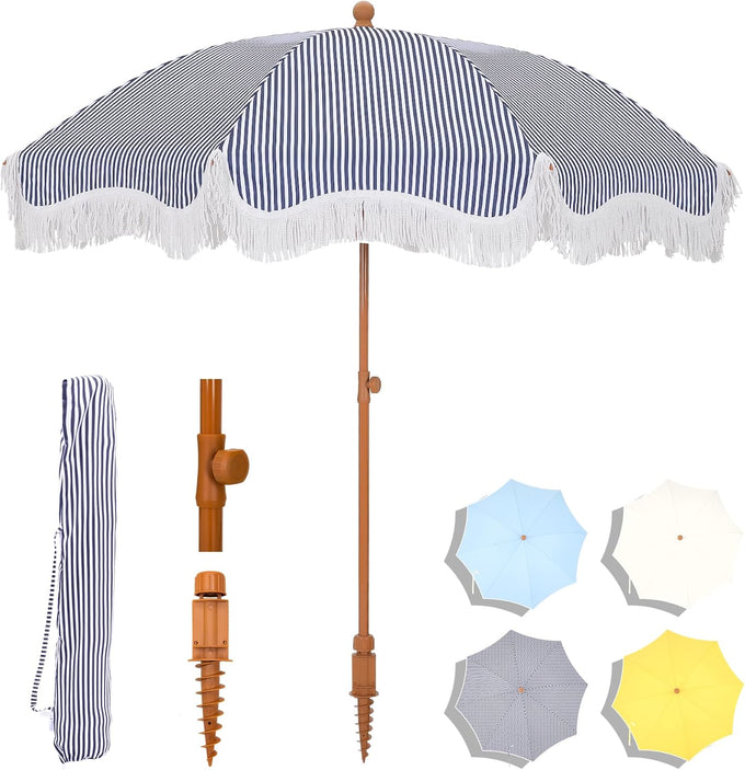 7ft Patio Beach Umbrella with Fringe, Outdoor Umbrella for Poolside, Yellow