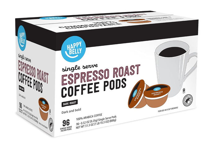 Amazon Brand - Happy Belly Espresso Roast Compostable Coffee Pods (Dark Roast), Compatible with K-Cup Brewer, 96 Count