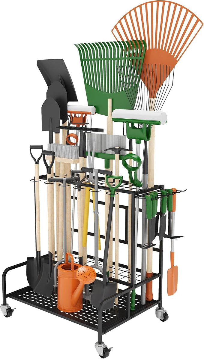 Garden Tool Organizer, Garage Tool Organizer & Garage Organization, Heavy Duty Steel Tool Storage Rack Holds 35 Rakes, Brooms Tools, Broom Holder and Mop Holder, Shed Organizer for Home Organization