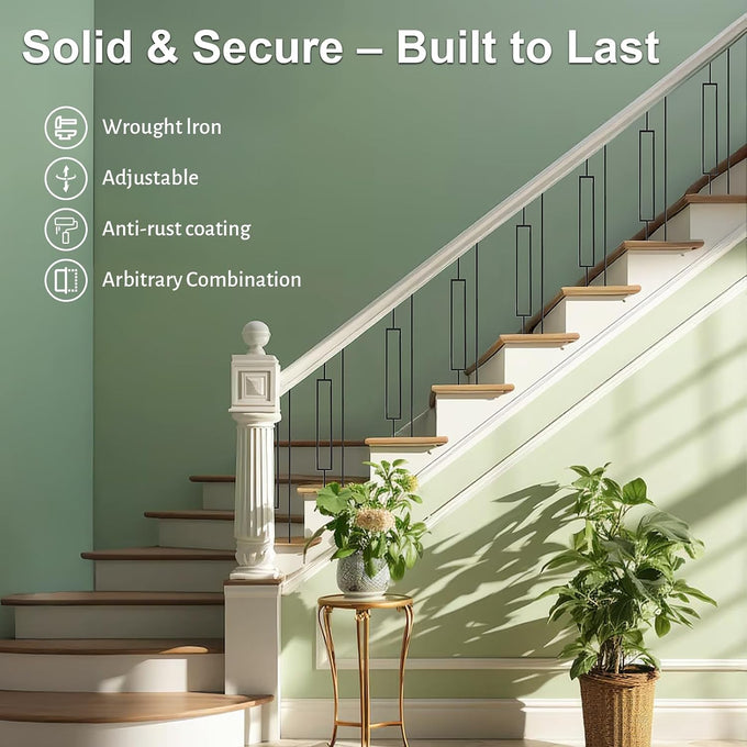 10 Pack Wrought Iron Railing, 44" x 1/2" Rectangular Hollow Staircase Baluster, Black Stair Spindles Balusters for Staircase Interior (5 Rectangular and 5 Straight)