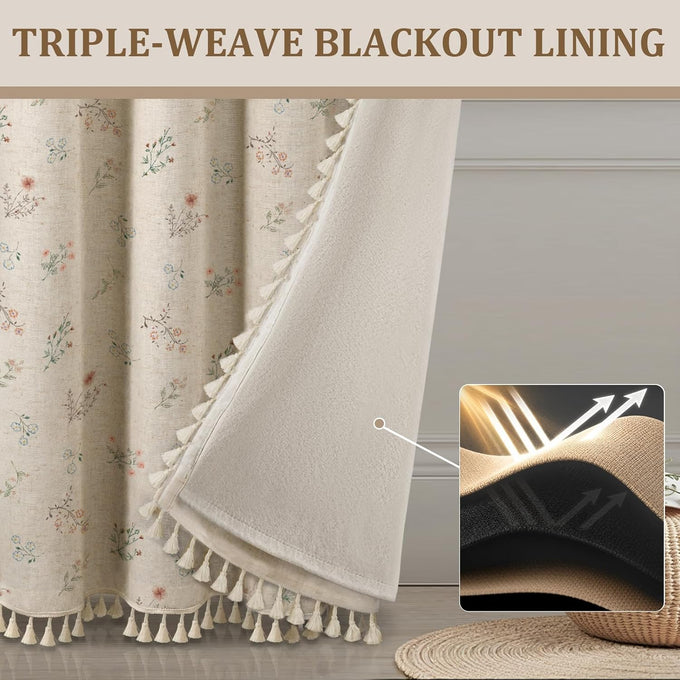 Boho Floral 100% Blackout Curtains 84 Inch 2 Panels Linen Texture