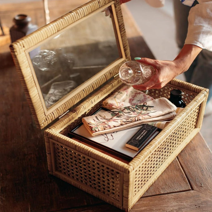 Large Handwoven Boho Rattan Display Boxes with Glass Lids Set of 2