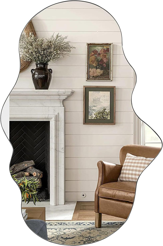 BST FURNH Cloud Shaped Wall Mirror 33.5x20.5 Inch - Large Irregular Asymmetrical Mirror for Living Room Bedroom Bathroom Entryway, Frameless Decorative Wall Mounted Mirror, White