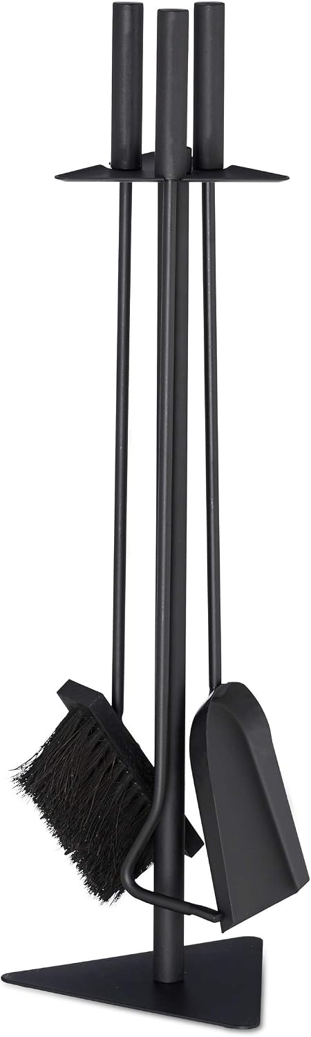 Relaxdays 4-Piece Fireplace Companion Tool Set Shovel, Brush, Poker & Holder, Modern Design, Black, 80% Steel Wood 10% Plastic, 60 x 18.5 x 16.5 cm