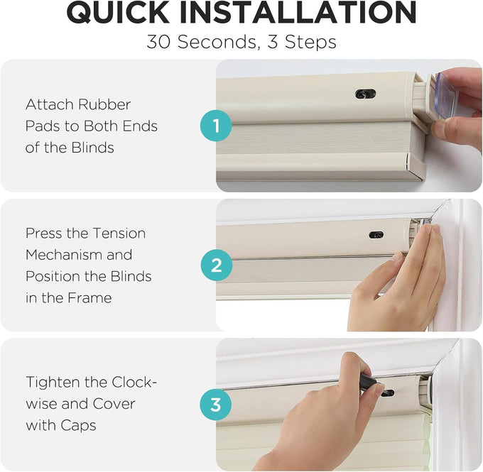 Joydeco No Drill Light Filtering Cellular Shades, 35" W x 64" H, Beige