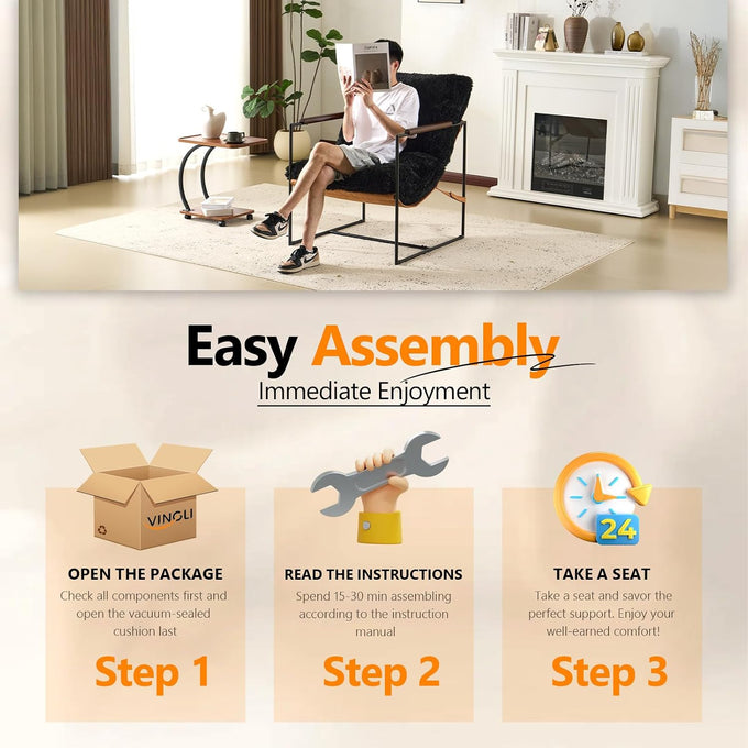 VINGLI 28" Wide Plush Upholstery Sling Modern Accent Chair with Metal Frame, Cute Reading Armchair with Removable Seat Cushion & Tan Microfiber Seat Base, Lazy Chair for Bedroom & Lounge,Black