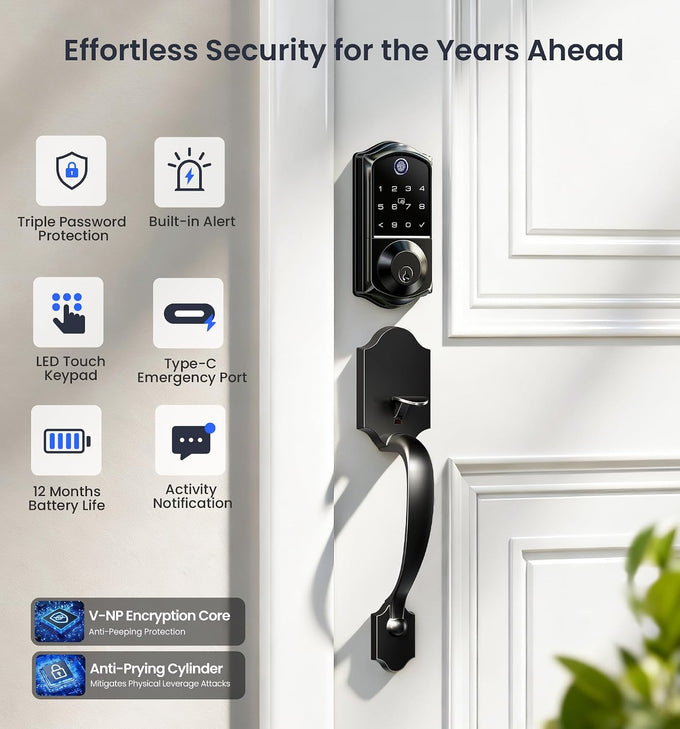 Veise VE017-H 8-in-1 Fingerprint Smart Front Door Lock Set, Matte Black