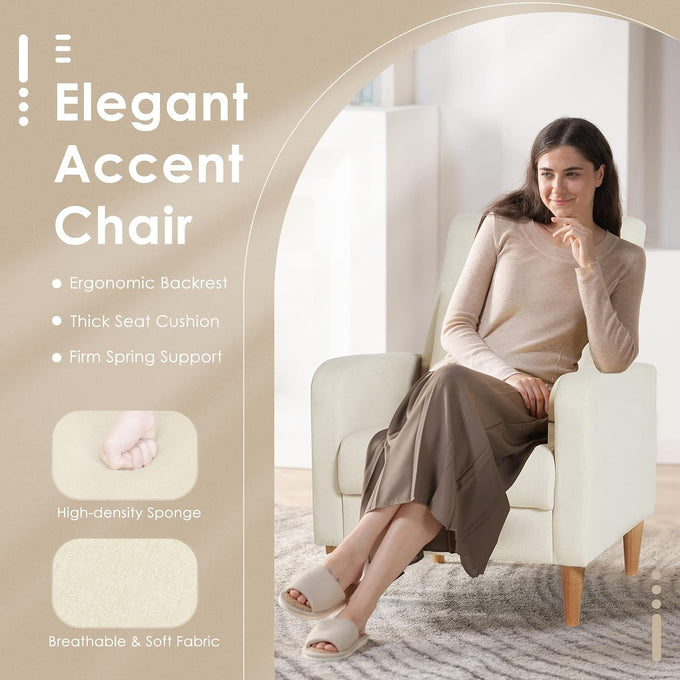 COLAMY Mid-Century Modern Accent Chair, Fabric Upholstered Living Room Chair with Back Pillow & Solid Wood Legs, Comfy Armchair for Living Room, Bedroom, Single Sofa, Beige