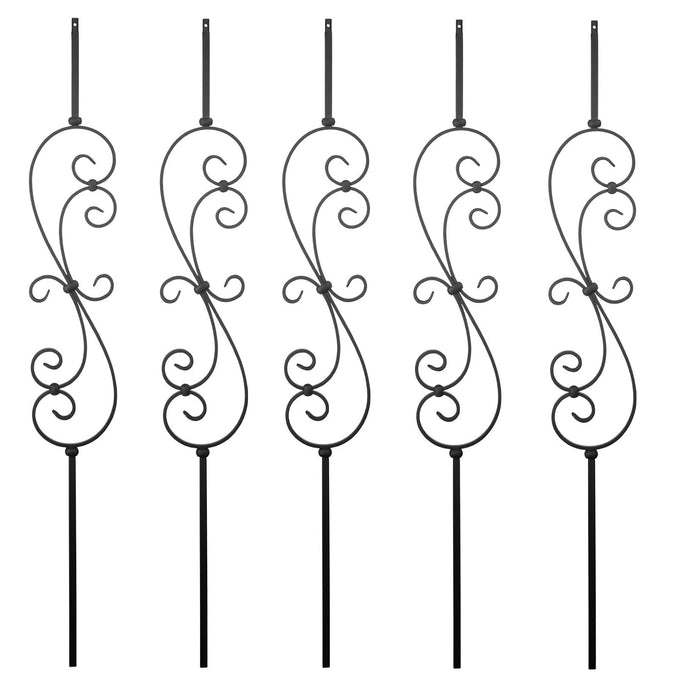 S10 - Wrought Iron Balusters – Set of 5 Deck Balusters - Decorative Metal Balusters for Decks – S Scroll - 1/2-inch Hollow Iron Spindles – Satin Black Metal Railing