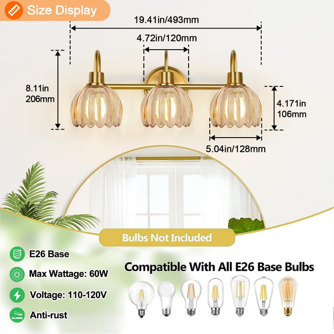 Bathroom Light Fixtures, 3-Light Brushed Gold Vanity Lights for Bathroom with Ribbed Amber Tulip Glass Shade, 20 in Bathroom Vanity Lights Over Mirror for Bedroom, Living Room, Hallway
