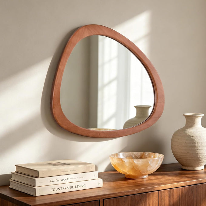 HOMECOOKIN 25 x 20 Asymmetrical Mirror, Irregular Wooden Wall Mirror for Bedroom, Living Room,Entryway– Mid-Century Modern Decorative Mirror, Solid Wood Frame, Pebble Shaped Design (Dark Brown)