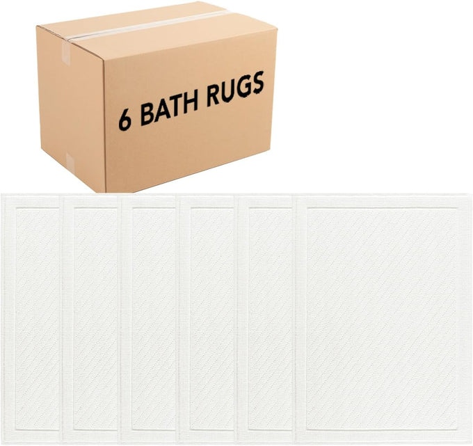 Arkwright 100% Cotton Bulk Bathroom Rugs - Case of 6 - High Absorbent Stylish Textured Woven Design Bath Mat, Slip Resistant Backing for Shower and Bathtub Floor, 17x24 in - White
