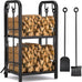 Vailge Firewood Rack Indoor with 4 Pieces Long&Detachable Fireplace Tools, Heavy Duty Steel 2-Tier Firewood Holder Storage, Log Rack for for Fireplace, Fire Pit, Wood Stove Black