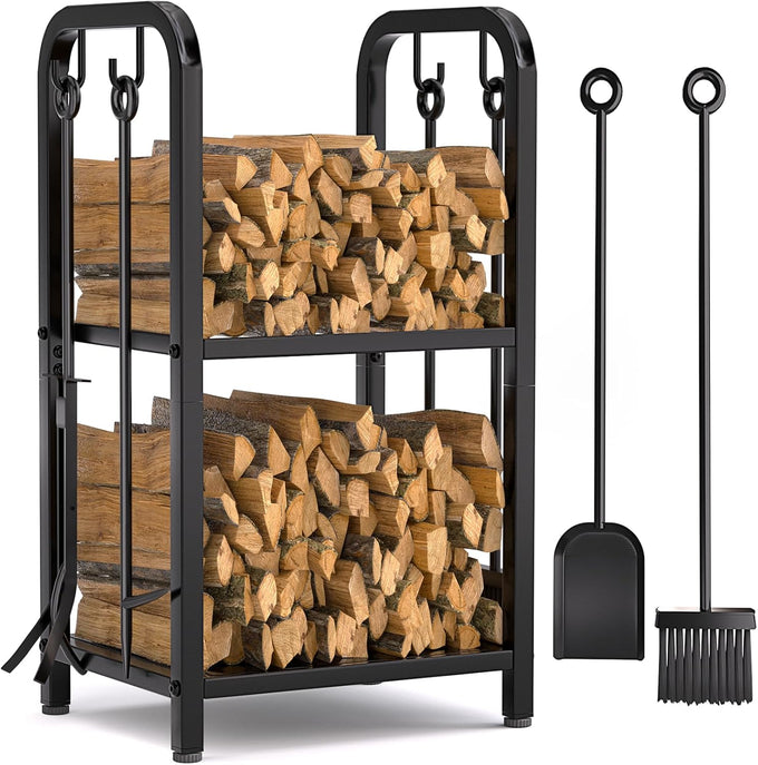 Vailge Firewood Rack Indoor with 4 Pieces Long&Detachable Fireplace Tools, Heavy Duty Steel 2-Tier Firewood Holder Storage, Log Rack for for Fireplace, Fire Pit, Wood Stove Black