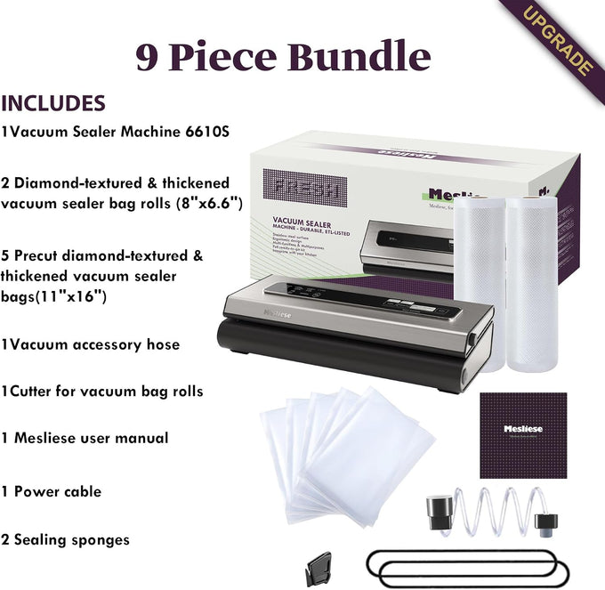Mesliese 6in1 Vacuum Sealer, Dry/Moist Modes, 2 Bag Rolls & 5 Pre-cut Bags