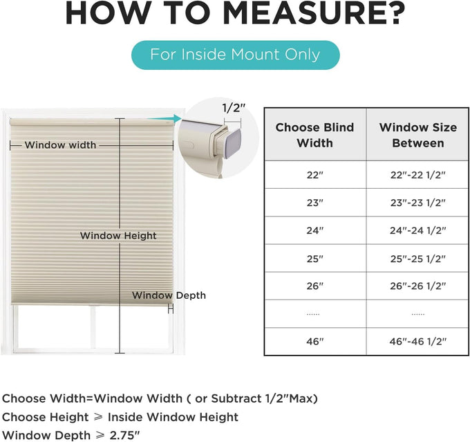 Joydeco No Drill Light Filtering Cellular Shades, 35" W x 64" H, Beige