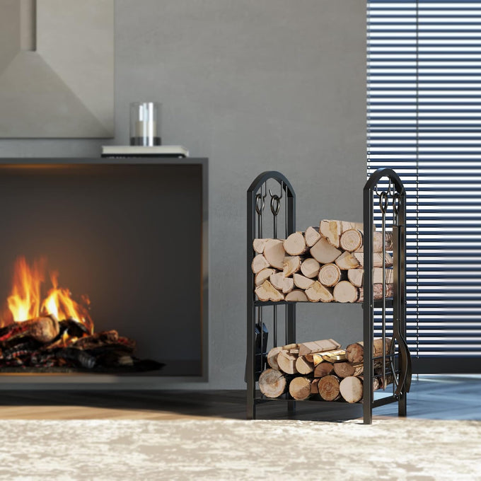 Fire Beauty Wrought Iron Firewood Log Rack with 4 Pcs Fireplace Tools Black