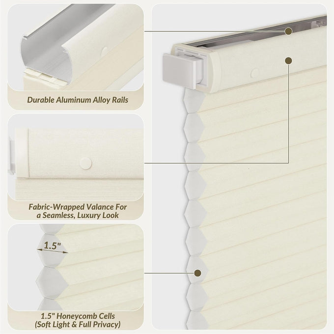 HESTIA No Drill Light Filtering Cellular Shades, Ivory, 38.5" W x 64" H
