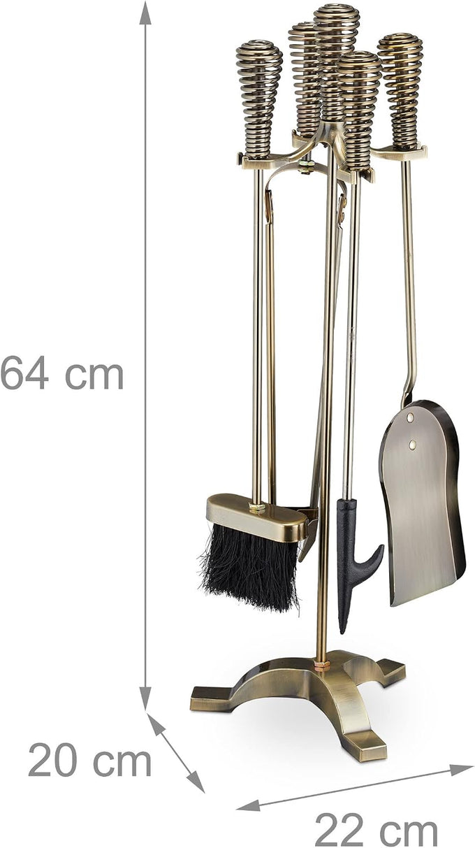Relaxdays Fireplace Companion Set of 5 Poker Ash Shovel Broom Tongs & Stand Fireplace Set Steel Gold