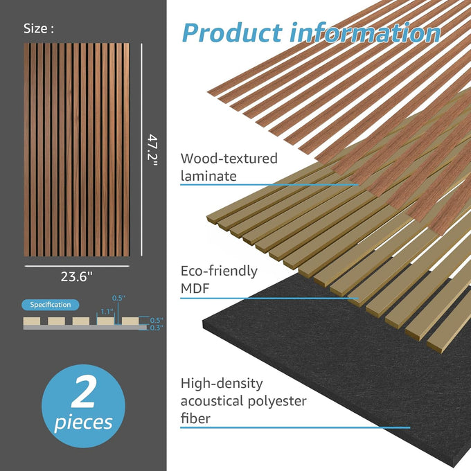 Art3d 2-Pack Fluted Acoustic Wood Slat Wall Panel, 47.2 x 23.6 Inch, Walnut