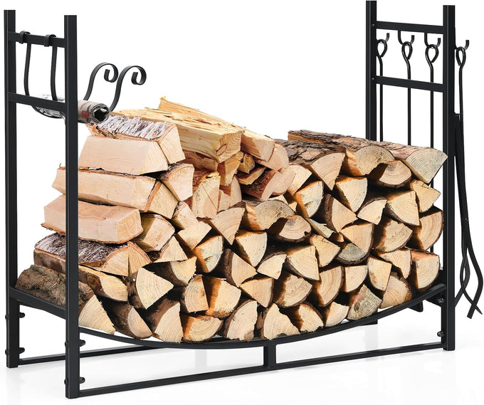 Tangkula 30 Inch Firewood Rack with 4 Tools Set, Fire Log Holder Storage Set with Brush, Shovel, Poker and Tongs, Fireplace Log Rack with Kindling Holders for Indoors and Outdoors
