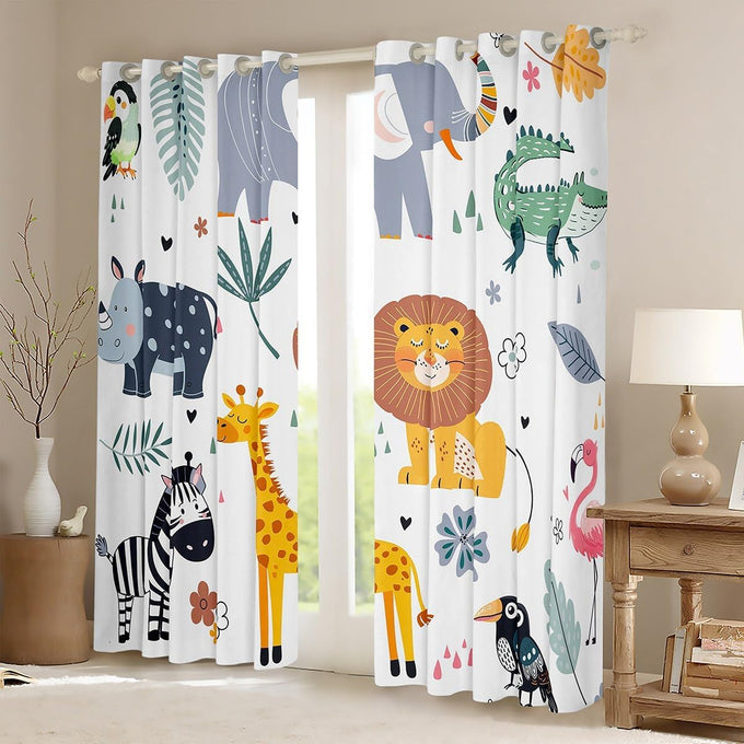 Feelyou Kids Zoo Animal Window Curtains Cute Wild Animals Curtains for Bedroom Cartoon Safari Wild Window Drapes for Boys Girls Teens Exotic Natural Theme Window Treatments, 52x84 Inches,2 Panels