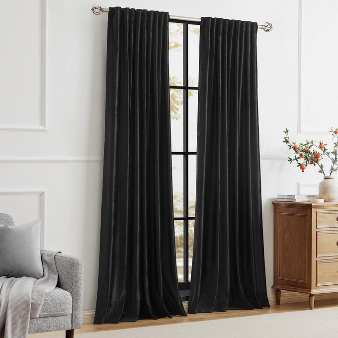 PRIMROSE Black Curtains 120 inch for Living Room Velvet Drapes Blackout Rod Pocket Back Tab Window Treatment Semi Room Darkening Decor Curtains for Bedroom Set of 2 Panels