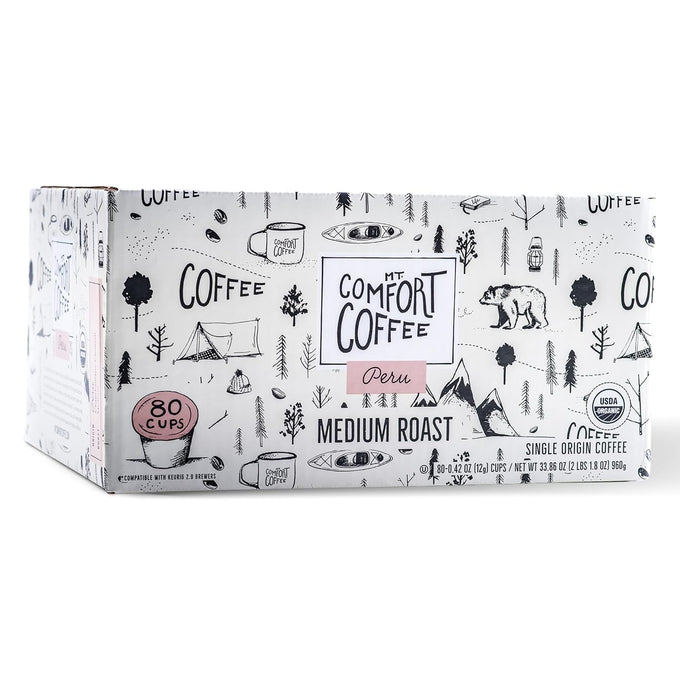 Mt. Comfort Coffee Organic Peru Medium Roast, 80 Count Coffee Pods - K-Cup Compatible Including 2.0 - Roasted Ground Coffee