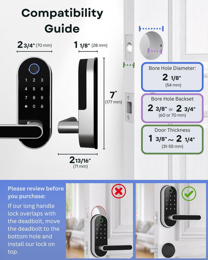 Keyless Entry Fingerprint Digital Smart Lock with Handle & Keypad: Electronic/Electric Lock with Code, App Control Biometric Deadbolt Door Knob for Front, Interior, Exterior & Bedroom Door (Silver)