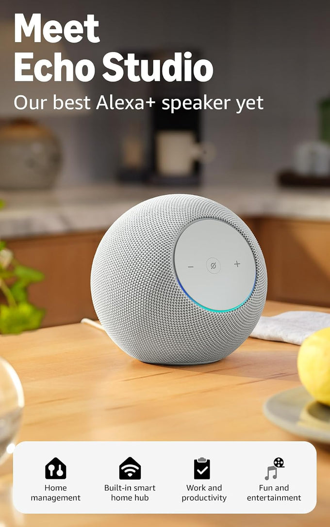 Amazon Echo Studio (newest model), Immersive spatial audio and Dolby Atmos, Designed for Alexa+, Glacier White