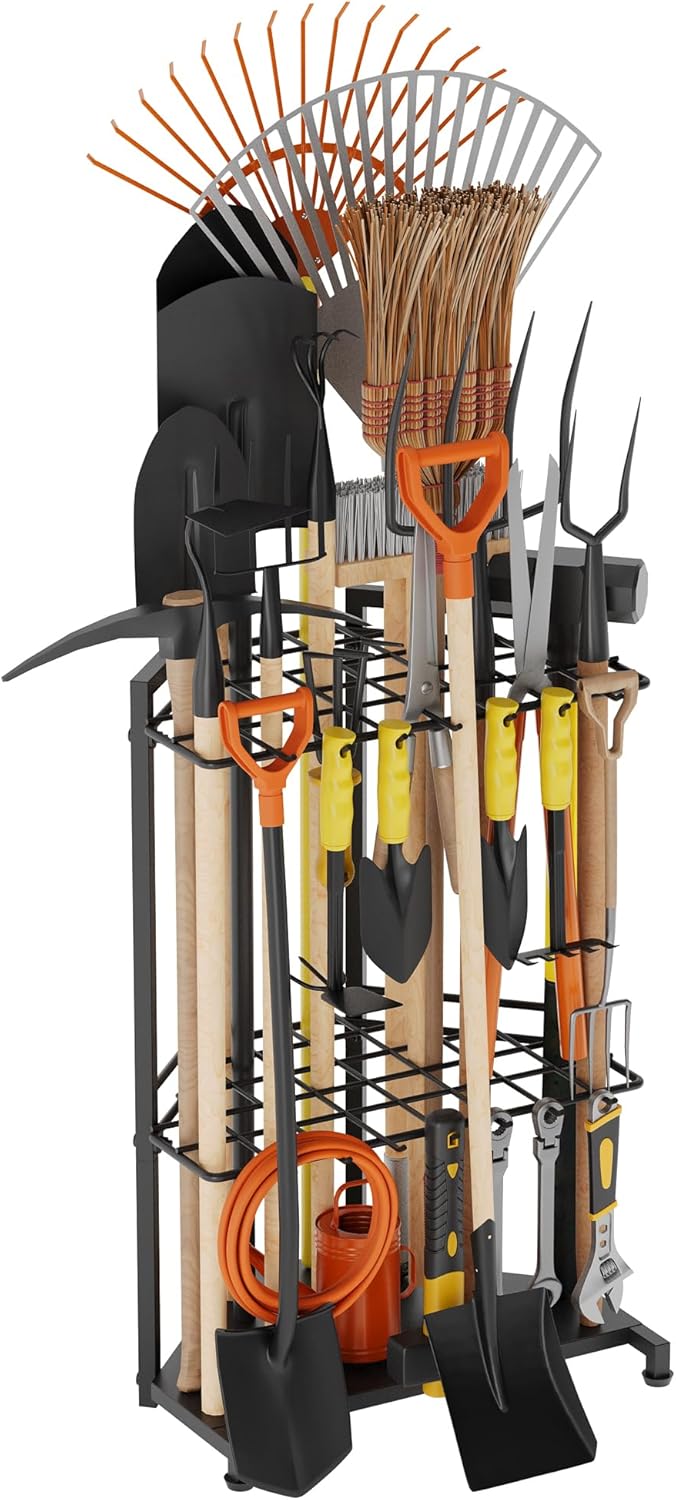 Garden Tool Organizer, Garage Tool Organizer & Garage Organization, Heavy Duty Steel Tool Storage Rack Holds 35 Rakes, Brooms Tools, Broom Holder and Mop Holder, Shed Organizer for Home Organization
