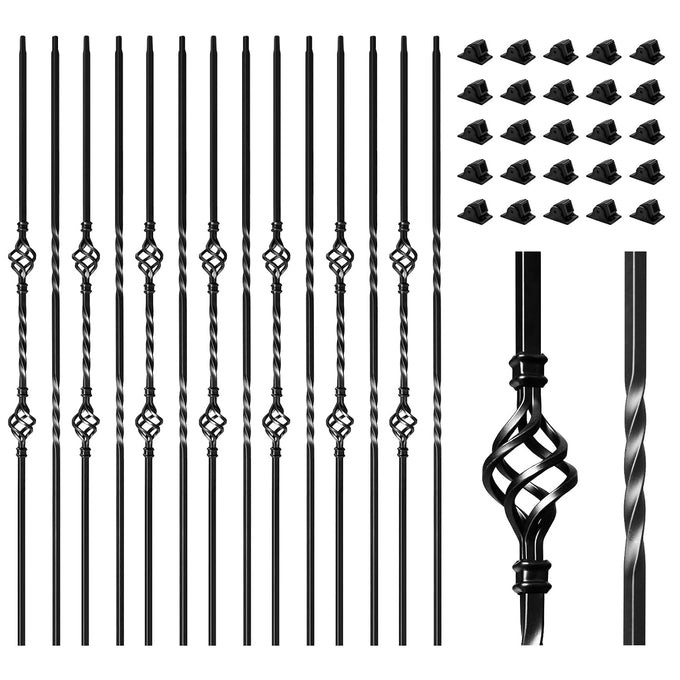 16 Pack Wrought Iron Balusters for Staircase Interior, 1/2" x 44" Hollow Deck Spindles Stair Railing Indoor with 32 Fixed Swivel Shoes, Metal Double Basket Decorative Stair - Matte Black