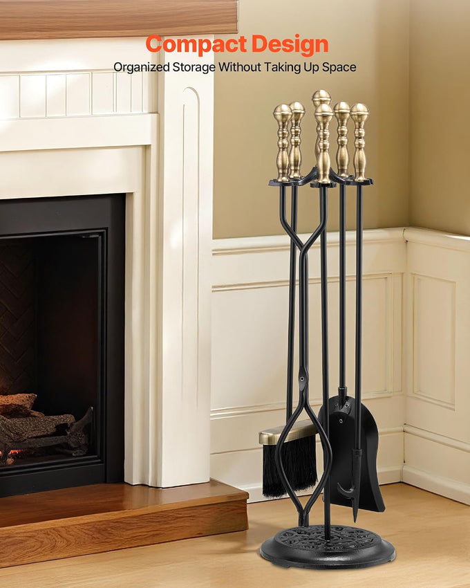 VEVOR Fireplace Tool Set, 5 PCS Fire Tool Set and Holder with Five-Prong Stand, Tongs, Ash Shovel, Brush, Fire Place Poker, Wrought Iron Fireplace Accessories for Indoor/Outdoor, Black & Brass