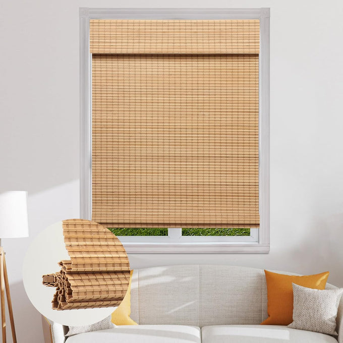 SEEYE Cordless Bamboo Roman Shades, Blackout Natural Bamboo Blinds for Indoor Windows, Roll Up Blind Privacy Shade for Home, Office, Door, UV Resistant & Easy to Install, 42" W x 64" H, Brown