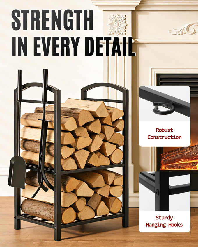 Breeze Touch 29" Heavy Duty Firewood Rack Indoor with 4 Fireplace Tools Set