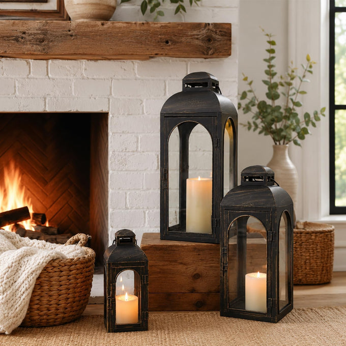 NEEDOMO Lanterns Decorative Indoor&Outdoor,Set of 3 Outdoor Lanterns for Porch, 26" Metal Frame Candle Holders with Glass, Fall, Christmas