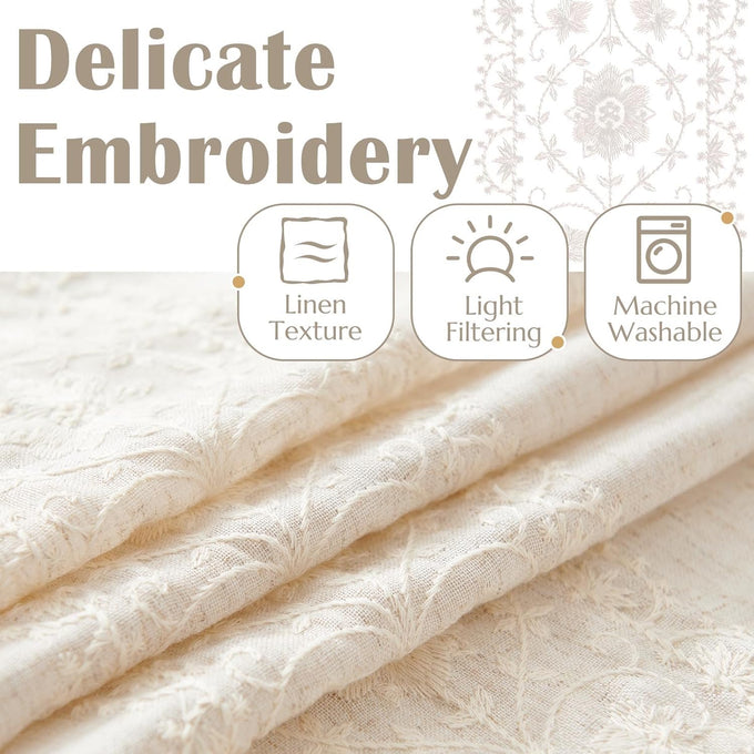 jinchan Floral Linen Curtains Embroidered Back Tab 54Wx84L 2 Panels